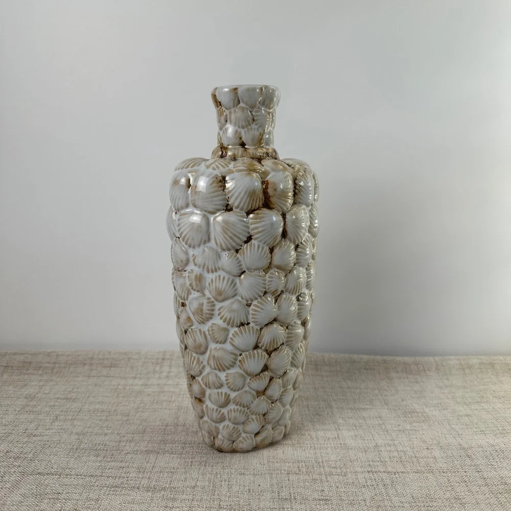 Sculptural Ceramic Scallop Shell Vase | Textured Seashell Bottle Vase